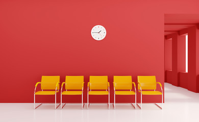 Clinic red waiting room space corridor with yellow seats and wall clock and large windows 3D render	