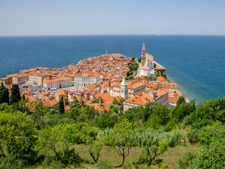 Green. Orange. Blue. View to Piran Slovenia from the city walls