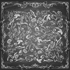Fototapeta premium Set of hand drawn elements seafood on blackboard. Retro vintage style seafood design. Vector illustration.