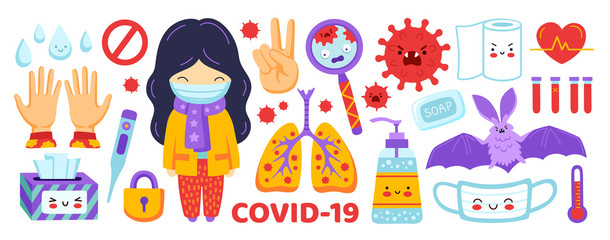 Naklejka na ściany i meble Coronavirus flat sticker set. Covid-19 elements collection. Girl in medical mask, sanitizer, lungs, thermometer, napkins, magnifier, toilet paper. Cartoon vector illustration. 