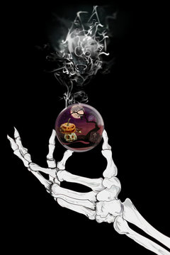 Skeleton hand holding a Halloween orb with smoke effect