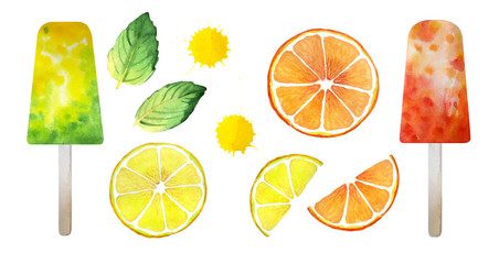 Yellow, orange, green Set. Lemon fruit slice, grapefruit slice, two mint sheets, green and orange popsicles, two juice drops. Fresh Summer watercolor illustration. Isolated on white 
