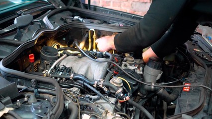 A professional mechanic repairs the car 's engine.