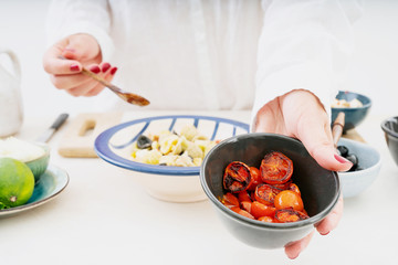 Traditional Italian Pasta salad. Cooking process.