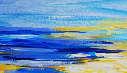 Oil paints abstract background with brush strokes horizontal, blue color with yellow splashes 