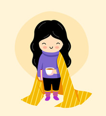 Cute little girl with book and cup of tea, staying at home during quarantine. Kawaii cartoon character. Vector flat illustration.