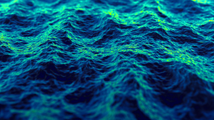 Detailed 3D render of neon blue and green waves with a shallow depth of field.