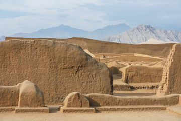 Archaeological ruins of Chan Chan, a pre-Columbian adobe city, built on the northern coast of Peru by the Chimu