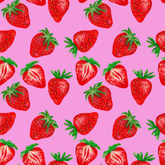 Strawberries with half on a pink background. Summer berry seamless pattern design for wallpaper, paper, fabric, textile. 