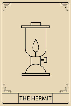 The Helmit. Tarot card, vintage color and minimalist drawing engraved illustration with mystic symbols. The Major Arcana.