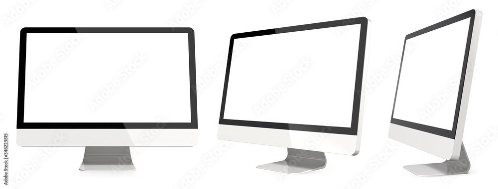 Poster set of various angles of empty glossy white pc monitors isolated on a white background. realistic 3d
