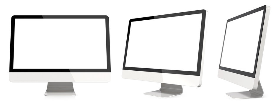 Set of Various Angles of Empty Glossy White PC Monitors Isolated on a White Background. Realistic 3D Render of Modern Sleek Screens.