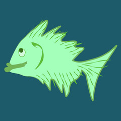 Hand drown funny green fish doodle on blue background