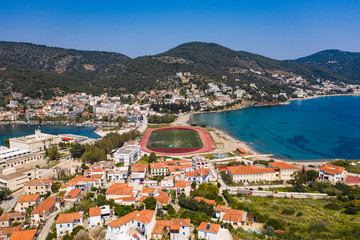 Top aerial view of the Poros island Sea harbor, Aegean sea, Greece. Panoramic view of city Poros