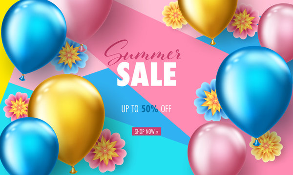Background with flowers and colorful floating balloons. Sale banner, poster or flyer template