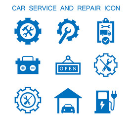 Car service thin line icons set of mechanic, computer diagnostics, tools, wheel, battery, transmission, jack. Modern vector illustration.