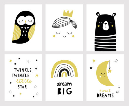 Set of posters for nursery or kids room in scandinavian style with hand lettering. Cute hand drawn illustration for baby shower invitation, greeting card. Prince, bear, moon, rainbow, owl, bear.