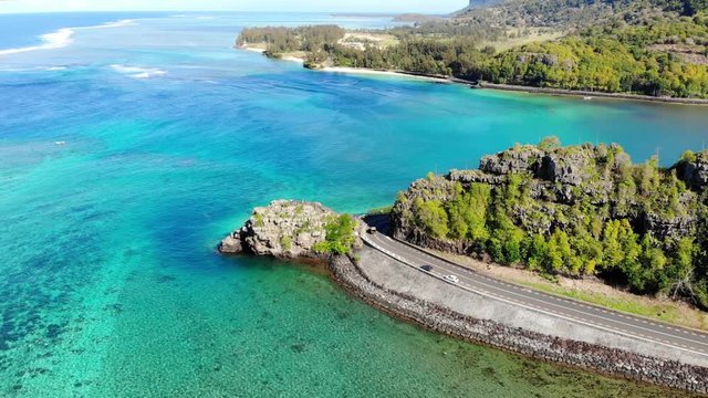 Maconde point with ocean in Mauritius Island. Aerial view