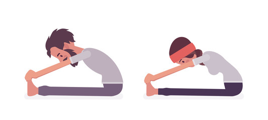 Young yogi man and woman in sports wear practicing yoga, partners doing Seated forward bend pose, paschimottanasana exercise, stress-free yogic practice. Vector flat style cartoon illustration