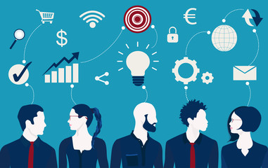 Sharing ideas and technology for the future. Connection and exchange of ideas or data. Communication and network between people. Upload and download data. Mind Map. Network teamwork