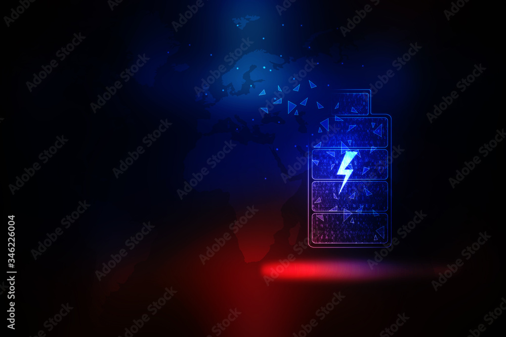 Poster 2d rendering electrical energy and power supply source concept, accumulator battery with charging le