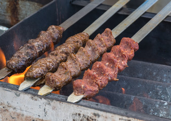 Adana kebab (ground lamb minced meat on skewer on grill over charcoal).