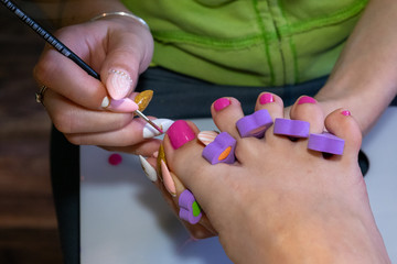 Step-by-step pedicure at home. Concept of toenail care