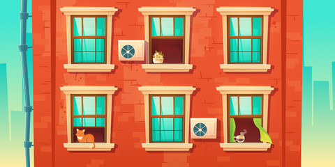 Building facade with brick wall and windows in wooden frames. Vector cartoon illustration of house front with downpipe, closed and open glass windows with cat, plant and coffee on sills