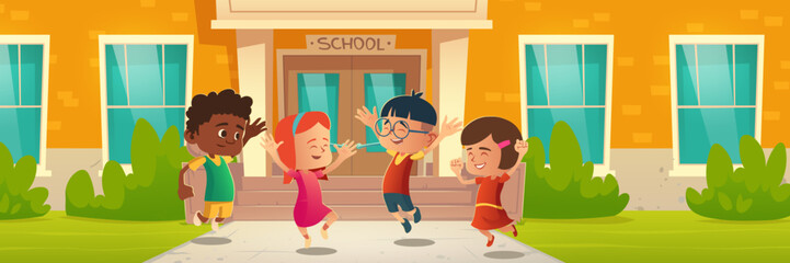 Happy children in front of school building. Back to school or holidays. Vector cartoon illustration of jumping group of kids, white girl, asian and black boys have fun