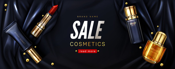 Sale banner with cosmetic products on black draped silk fabric. Vector realistic brand poster with luxury makeup and skincare products, lipstick and perfume bottle. Special offer promo background