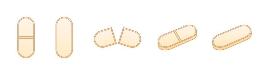 Flat style beige oval pills set isolated illustration. White background, vector.
