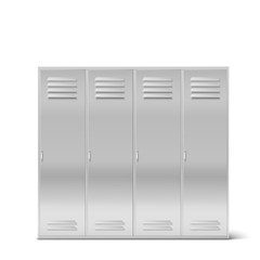Steel lockers, vector school or gym changing room metal cabinets. Row of grey storage furniture with closed doors in college, university, office isolated on white background, Realistic 3d illustration