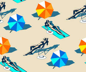 Seamless summer beach pattern. Hello Summer, holiday concept. Pop art. Summer holiday. Vector seamless pattern illustration - 346227474