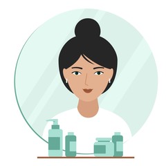 Reflection of a girl in the mirror. Interior elements in the bathroom: mirror, shelf, jars with cosmetics.