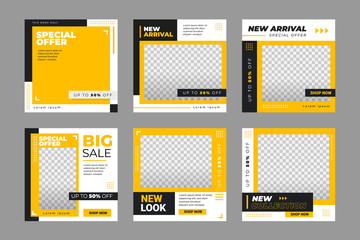Set of Editable square banner template. Black and yellow background color with stripe line shape. Suitable for social media post, instagram and web internet ads. Vector illustration with photo college