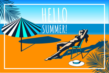 Obraz premium Beautiful woman tanning, with sunglasses, hat, at the beach, retro style. Pop art. Summer holiday. Vector seamless pattern illustration