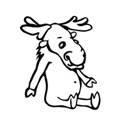 single sitting cute funny elk with horns, vector illustration with black ink contour lines isolated on a white background in doodle & hand drawing style