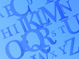 abstract blue background with english letters, vector alphabet