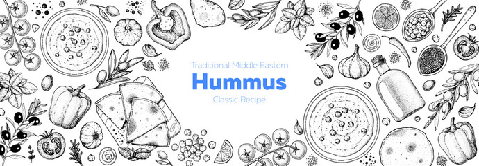 Hummus cooking and ingredients for hummus, sketch illustration. Middle eastern cuisine frame. Healthy food, design elements. Hand drawn, package design. Middle eastern food. © DiViArts
