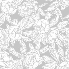 Vector illustration. Peonies with leaves. Card for you. Handmade, prints on T-shirts, seamless pattern,background gray