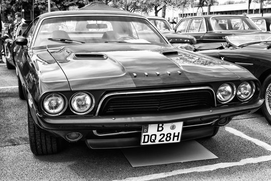 BERLIN - MAY 11: Car Dodge Challenger (black and white), 26th Oldtimer-Tage Berlin-Brandenburg, May 11, 2013 Berlin, Germany