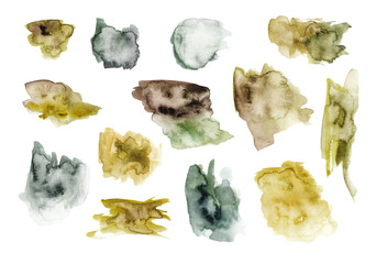 Abstract watercolor green shapes on white isolated background