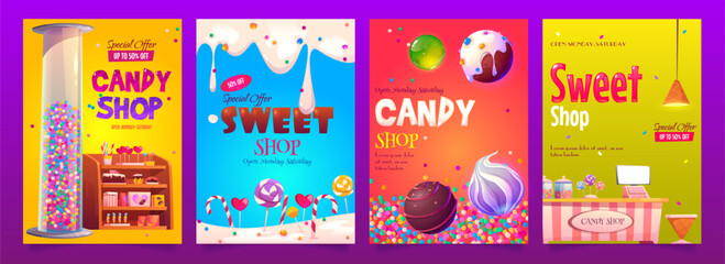 Candy and sweet shop ad banners set. Various pastry on shelf, cashier desk, chocolate, candycanes and lollipops, glass tube with bubble gum, dripping ice cream, special offer cartoon vector posters