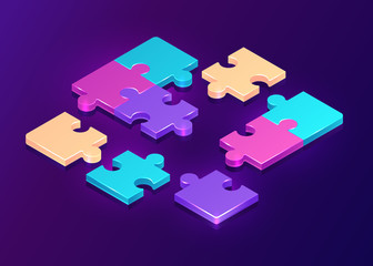 Isometric puzzle pieces on purple background. Concept of teamwork, communication, problem or challenge solution. Vector 3d illustration of unfinished colorful jigsaw game