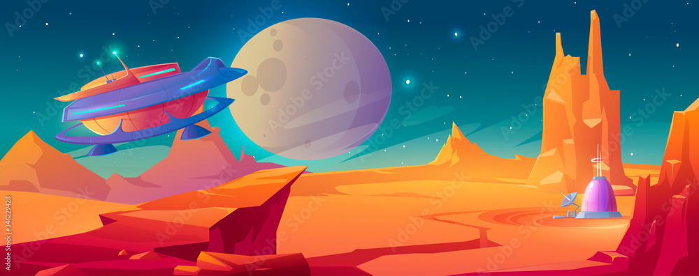 Poster landscape of planet mars with colony base and flying rocket. vector cartoon futuristic illustration 