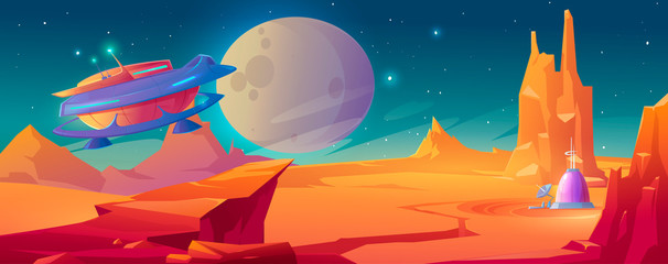 Landscape of planet Mars with colony base and flying rocket. Vector cartoon futuristic illustration of alien red planet surface, spaceship and dome building. Galaxy exploration and colonization © klyaksun