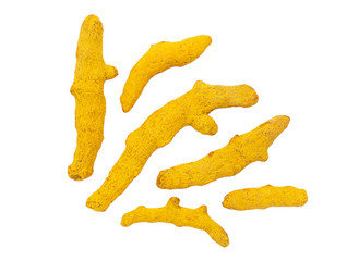 Dry turmeric roots isolated on white background.