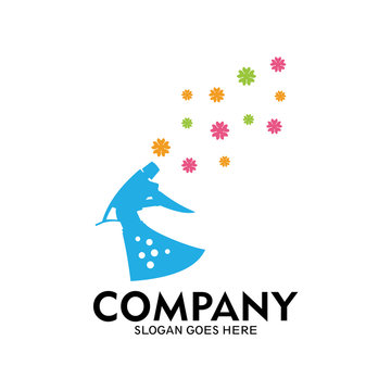 Simple water spray bottle design logo and spray the scent of flowers, Cleaning tool logo template, Symbol cleaning equipment icon