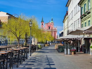 Riverside street leading up to Prešeren Square empty during covid-19 quarantine