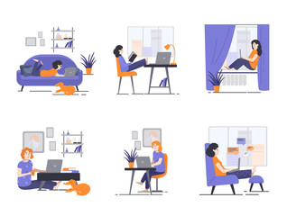 Illustrations set of people working from home, freelancers. 